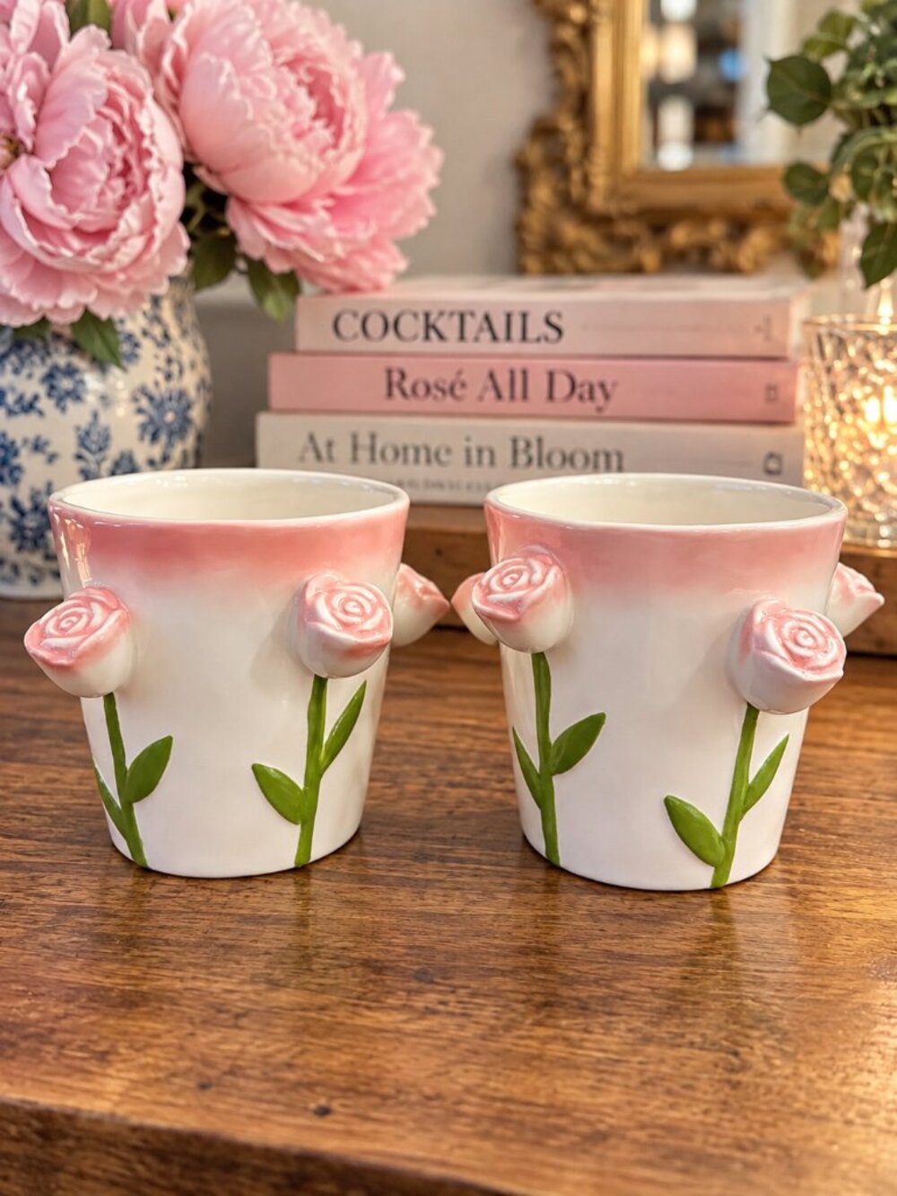 Pink Rose Ceramic Planters Pen Holders Cottagecore Coquette Set of 2